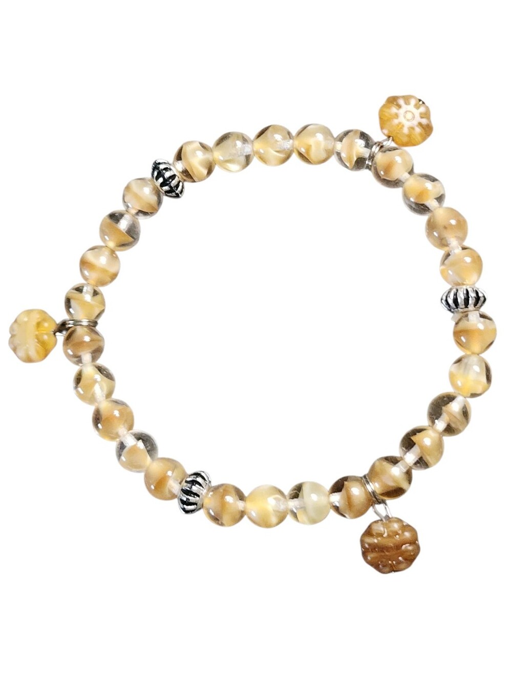 Cat's Eye Beaded Stretch Bracelet with Amber-Tone Floral Charms